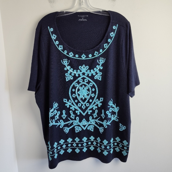 New Talbots Embellished Top cotton beaded navy blue turquoise tunic coastal 3X - Picture 2 of 16